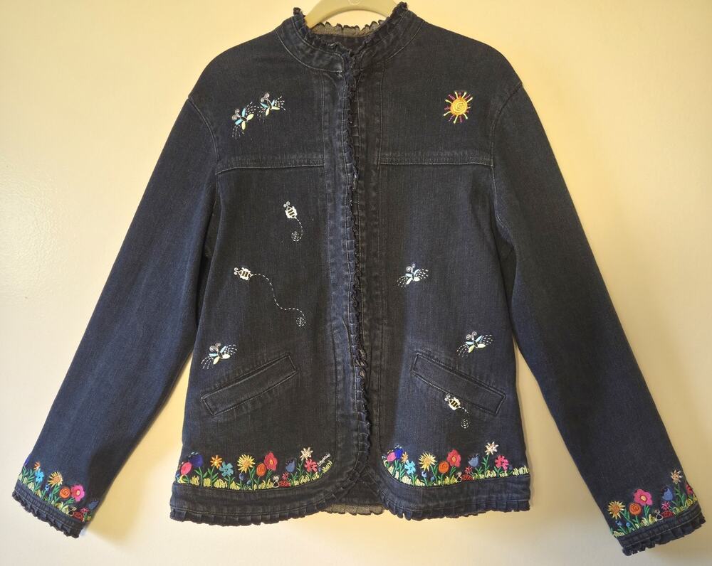 Floral Embroidered Denim Jean Jacket Womens L Children's Art Project Cottagecore